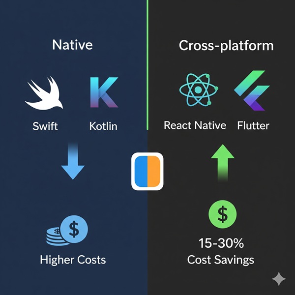 A split-screen illustration comparing native app development vs cross-platform development. Left side shows two apps (iOS and Android) with higher costs, right side shows one app for both platforms with cost savings (15–30%). Use icons for Swift, Kotlin, React Native, and Flutter