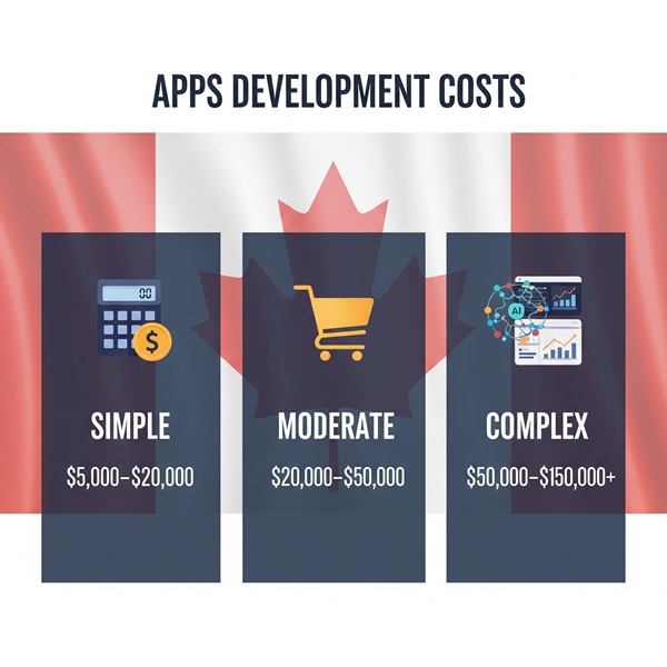 An infographic showing junior, mid-level, and senior app developers with their hourly rates in Canada. Junior ($50–$80), Mid-level ($80–$120), Senior ($120–$150+). Each level illustrated with simple character avatars representing different experience levels in a modern flat style