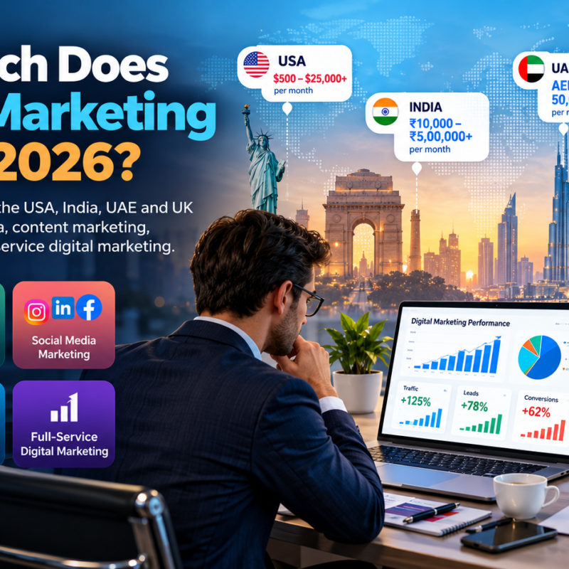 How Much Does Digital Marketing Cost in 2026? Digital marketing costs in 2026 vary significantly depending on where a business hires its agency, which services it needs and how competitive its target market is. A US company hiring a local digital marketing agency may spend several thousand dollars every month. A business working with an agency in India may access a broader range of services at a lower monthly management cost. Meanwhile, companies in the United Kingdom and United Arab Emirates have their own agency pricing structures, influenced by local operating costs, talent availability and market expectations. However, choosing a digital marketing partner based only on price can create expensive problems. A low-cost package that delivers website traffic without qualified leads may generate little commercial value. Similarly, an expensive agency is not automatically better if it cannot demonstrate measurable business outcomes. In this guide, we compare indicative 2026 digital marketing agency fees in the USA, India, UAE and UK, covering: SEO services Google Ads and PPC management Social media marketing Content marketing Email marketing Full-service digital marketing We also explain what affects agency pricing, which country may be suitable for your business and how to calculate a realistic marketing budget. Digital Marketing Costs in USA, India, UAE and UK: Comparison Table (2026) The following table provides indicative monthly agency-management fee estimates for businesses comparing digital marketing services across the four countries. These are planning estimates, not statistically verified national averages or guaranteed quotations. Actual agency fees depend on the scope of work, competition, experience, deliverables and campaign requirements. Digital Marketing Service USA (USD/month) India (INR/month) UAE (AED/month) UK (GBP/month) SEO Services $1,500–$10,000 ₹15,000–₹1,50,000+ AED 3,500–15,000 £1,200–£6,000 Google Ads / PPC Management $1,000–$5,000 ₹15,000–₹50,000 AED 3,000–12,000 £800–£4,000 Social Media Management $800–$4,000 ₹15,000–₹60,000 AED 2,500–10,000 £600–£3,000 Content Marketing $1,000–$5,000 ₹20,000–₹80,000 AED 3,000–12,000 £800–£4,000 Email Marketing $500–$3,000 ₹10,000–₹50,000 AED 1,500–6,000 £400–£2,000 Full-Service Digital Marketing $3,000–$25,000+ ₹75,000–₹5,00,000+ AED 8,000–50,000+ £2,500–£16,750+ Pricing clarification: These ranges combine publicly available market benchmarks with broad planning estimates for individual services. The full-service ranges are not directly comparable packages: agencies may include different channels, production work and levels of strategic support. For example, 2026 international retainer comparisons place US multi-channel programmes around $3,000–$15,000+, UK single-channel retainers around £1,250–£3,500, UAE single-channel retainers around AED 3,000–5,000 and Indian agency retainers around ₹25,000–₹2,50,000. 1. Digital Marketing Costs in the USA Estimated agency fee: $500–$25,000+ per month, depending on the service and campaign scope. The United States is one of the most competitive digital marketing markets. Businesses often invest in SEO, paid search, social media advertising, content production and conversion optimization to compete for customers. US agency pricing is influenced by specialist talent costs, account complexity, competition and the number of marketing channels managed. Individual digital marketing service costs in the USA Service Estimated Monthly Cost SEO $1,500–$10,000 Local SEO $500–$2,500 Google Ads Management $1,000–$5,000 Social Media Management $800–$4,000 Content Marketing $1,000–$5,000 Email Marketing $500–$3,000 Full-Service Digital Marketing $3,000–$25,000+ These figures are broad planning ranges. For another reference point, US digital marketing agency pricing research describes one-channel packages around $1,500–$2,500 and broader multi-channel programmes around $3,000–$6,000 per month. Why are US digital marketing agencies expensive? Several factors influence agency fees in the United States: Higher operating costs: Salaries, office expenses and specialist talent costs can increase agency pricing. Competitive advertising markets: Businesses in finance, healthcare, legal services and e-commerce may need larger budgets to compete. Specialist expertise: Enterprise SEO, conversion rate optimization, paid media and marketing automation require experienced professionals. Content requirements: Original research, video production, creative design and industry-specific content increase execution costs. Multiple marketing channels: Managing SEO, Google Ads, LinkedIn, email and social media requires a larger team. Example: Digital marketing budget for a US business Consider a B2B software company targeting business owners and enterprise decision-makers. Its monthly marketing programme might include: Activity Estimated Monthly Budget SEO and technical optimization $2,500 Content marketing $2,000 LinkedIn and social media $1,500 Google Ads management $1,500 Email marketing $750 Total agency fees $8,250 Advertising spend, software subscriptions and major creative production may be additional. Who should consider a US-based agency? Companies that require local market knowledge, frequent in-person collaboration, US-specific campaign strategy or local creative production may benefit from working with a domestic agency. 2. Digital Marketing Costs in India Estimated agency fee: ₹10,000–₹5,00,000+ per month, depending on the service and business requirements. India has a large digital marketing services market, with agencies offering SEO, paid advertising, content marketing, social media management, web development and marketing automation. Businesses in the USA, UK, UAE and other international markets also consider India-based agencies when they want to expand execution capacity or manage operating costs. However, pricing varies considerably between freelancers, small agencies, specialist teams and established full-service providers. Individual digital marketing service costs in India Service Estimated Monthly Cost SEO ₹15,000–₹1,50,000+ Local SEO ₹10,000–₹40,000 Google Ads Management ₹15,000–₹50,000 Social Media Management ₹15,000–₹60,000 Content Marketing ₹20,000–₹80,000 Email Marketing ₹10,000–₹50,000 Full-Service Digital Marketing ₹75,000–₹5,00,000+ For additional context, India's 2026 digital marketing pricing guide reports monthly SEO retainers of approximately ₹25,000–₹1,50,000+, PPC management fees of ₹15,000–₹50,000 and content marketing fees of ₹20,000–₹80,000. Why do businesses outsource digital marketing to India? Companies may consider India-based agencies for several reasons: 1. Lower operating costs Businesses can potentially reduce marketing execution costs compared with hiring an equivalent local team in higher-cost markets. Actual savings depend on the scope and quality of the engagement. 2. Access to different specialists An agency may provide access to SEO specialists, paid advertising managers, content writers, graphic designers, web developers and marketing automation professionals under one engagement. 3. Flexible execution capacity Companies can expand content production, technical SEO, website development and campaign management without immediately hiring a complete in-house department. 4. Website and marketing integration Businesses often need more than campaign management. Website improvements, landing pages, CRM integrations, conversion tracking and marketing automation may also be necessary to turn traffic into leads. 5. International service delivery An experienced agency can support businesses targeting international customers, provided it understands local search behaviour, competition, buyer expectations and communication requirements. Example: Digital marketing budget for an international business working with an Indian agency Activity Estimated Monthly Budget SEO and technical optimization ₹40,000 Content marketing ₹30,000 Social media management ₹20,000 Google Ads management ₹25,000 Email marketing ₹15,000 Total agency fees ₹1,30,000 This is an illustrative budget, not a fixed agency package. Advertising spend and other third-party expenses are separate. Who should consider an India-based digital marketing agency? US companies looking to expand marketing execution capacity. UK businesses seeking additional SEO and content resources. UAE companies managing multiple digital channels. Startups that need a combination of website development and digital marketing. Growing businesses that want access to multiple specialists without building every role internally. The important consideration is not simply finding the lowest price. It is selecting a team that understands your target market and can connect marketing activities with business results. 3. Digital Marketing Costs in the UAE Estimated agency fee: AED 1,500–AED 50,000+ per month, depending on the service and scope. Businesses in the UAE operate in a competitive digital environment, particularly in real estate, hospitality, healthcare, finance, professional services, tourism and e-commerce. Marketing campaigns often need to reach customers across Dubai, Abu Dhabi, Sharjah and other Emirates. Some businesses also target international buyers and customers. Agency costs depend on the number of platforms, content requirements, campaign budgets, language requirements and the level of strategic support. Individual digital marketing service costs in the UAE Service Estimated Monthly Cost SEO AED 3,500–15,000 Local SEO AED 1,500–5,000 Google Ads Management AED 3,000–12,000 Social Media Management AED 2,500–10,000 Content Marketing AED 3,000–12,000 Email Marketing AED 1,500–6,000 Full-Service Digital Marketing AED 8,000–50,000+ These are indicative service-level estimates. For broader market context, the 2026 international digital marketing retainer comparison places UAE single-channel engagements around AED 3,000–5,000 and full-service programmes around AED 8,000–25,000. What affects digital marketing costs in the UAE? 1. Competition in the target industry Real estate developers, clinics, hospitality businesses and financial service providers may need more extensive campaigns to compete for high-value customers. 2. Multiple geographic markets A business targeting Dubai, Abu Dhabi and international customers may require separate keyword strategies, landing pages and advertising campaigns. 3. Arabic and English content Some businesses need bilingual content, Arabic keyword research, translation and localized creative production. 4. Paid advertising requirements Google Ads and Meta campaigns may require frequent creative updates, audience testing, conversion tracking and landing page optimization. 5. Lead generation requirements Businesses seeking qualified property enquiries, patient enquiries or B2B appointments may need CRM integration, lead qualification and conversion optimization in addition to traffic generation. Example: Monthly marketing budget for a UAE real estate company Activity Estimated Monthly Budget SEO and location landing pages AED 5,000 Content marketing AED 3,000 Social media management AED 4,000 Google Ads management AED 3,500 Email marketing and automation AED 1,500 Total agency fees AED 17,000 Paid media spend, photography, video production and other third-party costs may be additional. Who should consider a UAE-based agency? Businesses that require local market expertise, Arabic-language execution, local production or frequent in-person coordination may prefer a UAE-based partner. Businesses with an established internal marketing strategy may also evaluate international delivery partners for specific execution requirements. 4. Digital Marketing Costs in the UK Estimated agency fee: £400–£16,750+ per month, depending on the service and campaign scope. The UK digital marketing market includes independent specialists, boutique agencies and larger integrated marketing companies. Businesses across London, Manchester, Birmingham, Leeds and other commercial centres invest in SEO, PPC, social media, email marketing and content to acquire customers. Pricing depends on agency experience, industry competition, campaign complexity and the amount of work included. Individual digital marketing service costs in the UK Service Estimated Monthly Cost SEO £1,200–£6,000 Local SEO £400–£1,500 Google Ads Management £800–£4,000 Social Media Management £600–£3,000 Content Marketing £800–£4,000 Email Marketing £400–£2,000 Full-Service Digital Marketing £2,500–£16,750+ For broader pricing context, UK agency retainer research reports single-channel retainers around £1,250–£3,500 and full-service engagements around £3,500–£16,750. What affects digital marketing agency fees in the UK? Competition in the target industry and geographic area. The number of services included in the agreement. Technical website requirements and content production. Paid advertising management and campaign complexity. Reporting, analytics and conversion optimization. VAT and other applicable charges. Example: Monthly digital marketing budget for a UK B2B company Activity Estimated Monthly Budget SEO £1,500 Content marketing £1,000 LinkedIn and social media £800 Google Ads management £1,000 Email marketing £500 Total agency fees £4,800 The actual advertising budget is separate from these management fees. Who should consider a UK-based agency? UK companies that need local market research, domestic brand strategy, local creative production or close collaboration may prefer a UK-based agency. Businesses with a defined strategy and clear execution requirements can also compare offshore delivery options. Which Digital Marketing Services Cost the Most? Not every marketing service requires the same level of work. SEO, paid advertising and full-service marketing programmes can require different specialists, tools, production resources and ongoing optimization. Here is what businesses generally pay for when hiring an agency. 1. Search Engine Optimization (SEO) SEO helps businesses improve their organic visibility in search engines and attract relevant visitors without paying for every click. Typical SEO activities include: Technical SEO audits and implementation. Keyword research and search-intent analysis. Competitor analysis. Website structure and internal linking. Content strategy and optimization. Digital PR and link acquisition. Local SEO and Google Business Profile optimization. Organic performance reporting. What increases SEO costs? A business competing nationally in a high-value industry may require considerably more work than a local company targeting a small geographic area. For example, a US financial services website may need technical improvements, expert-reviewed content, competitive research and digital PR. A local home services company may need location pages, local citations, reviews and service-page optimization. 2. Google Ads and PPC Management Google Ads helps businesses reach potential customers through paid search and other advertising placements. Agency management fees may cover: Campaign and account setup. Keyword and audience research. Ad copy development. Conversion tracking. Landing page recommendations. Bid and budget optimization. Search-term analysis. Performance reporting. PPC has two separate expenses: Management fee: The amount paid to the agency. Advertising spend: The amount paid to Google or another advertising platform. For example, a business might pay $1,500 per month for campaign management and spend another $5,000 directly on advertising. Always confirm whether the quoted fee includes creative development, landing page work and conversion tracking. 3. Social Media Marketing Social media marketing helps businesses build brand awareness, distribute content, engage audiences and generate enquiries. Agency fees may include: Social media strategy. Content calendars. Graphic design. Caption writing. Publishing and scheduling. Community management. Performance reporting. Paid social campaign management. Pricing increases when businesses need original videos, reels, multiple platforms, influencer coordination or frequent creative production. 4. Content Marketing Content marketing helps businesses attract and educate potential buyers through useful, relevant content. Typical activities include: SEO blog writing. Industry-specific articles. Case studies. White papers. Landing pages. Email newsletters. Website copywriting. Content updates and optimization. A B2B technology company may need technical articles, industry-specific use cases and detailed case studies. An e-commerce brand may need product guides, category content and buying resources. The cost depends on research depth, technical expertise, publishing frequency and content distribution requirements. 5. Email Marketing Email marketing helps businesses nurture prospects, communicate with customers and support repeat purchases. Services may include: Email campaign planning. Newsletter creation. Automation workflows. Customer segmentation. Lead nurturing. CRM integration. Performance tracking. Re-engagement campaigns. Advanced automation involving CRM data, lead scoring and multiple customer journeys generally requires more work than basic newsletter management. Why Do Digital Marketing Costs Differ Between Countries? Businesses often notice substantial pricing differences between the USA, India, UAE and UK. These differences do not necessarily mean that the cheapest agency will deliver the best value. Several factors influence international agency pricing. 1. Employee and Operating Costs Agency salaries, office expenses, technology costs and local operating expenses influence pricing. An agency operating in a higher-cost market may charge more to cover its team and business expenses. 2. Experience and Specialist Skills An experienced technical SEO team, paid media specialist or marketing automation consultant may charge more than a generalist provider. The cost should be evaluated against the expertise and work actually included. 3. Industry Competition Marketing for a local restaurant is different from marketing for a national financial services company. Industries with expensive customer acquisition, complex buying decisions or strict compliance requirements may need more research and campaign management. 4. Campaign Scope A proposal covering SEO alone should not be compared with one including SEO, PPC, content, social media, email and conversion optimization. The number of deliverables and channels can change the monthly cost significantly. 5. Content and Creative Production Original photography, video production, animations, graphic design and specialist copywriting may be charged separately. 6. Target Market Requirements An agency working with US, UK or UAE customers needs to understand the language, competition, search behaviour and buyer expectations of those markets. International marketing requires more than translating existing website content. Is It Cheaper to Outsource Digital Marketing from India? Outsourcing digital marketing to India can help international companies manage execution costs and access a broader team of specialists. However, outsourcing does not automatically guarantee savings or better results. A business should compare the actual work included in each proposal. Comparison Factor Local Agency India-Based Agency Local market knowledge May offer direct local expertise Should demonstrate target-market experience Operating cost Depends on local market May offer lower operating costs Specialist access Depends on agency size Can provide access to multiple specialists Communication Usually local working hours Requires agreed communication overlap Website development Depends on service offering May combine development and marketing Scalability Depends on team capacity May provide flexible execution resources Strategy Depends on agency expertise Must be evaluated through its process and results Example: Comparing a US agency with an India-based team Suppose a US business needs: Monthly SEO execution. Four researched blog articles. Technical website improvements. Social media management. Google Ads management. Monthly performance reporting. A local agency may provide these services through a higher-cost monthly retainer. An India-based agency may offer a lower operating-cost structure for comparable execution requirements. But the business should compare: Who develops the strategy? Who performs technical implementation? Who researches the target market? Who creates and reviews content? Who manages paid campaigns? Who owns conversion tracking? How are leads and revenue measured? The best decision is the agency that can deliver the required work, communicate clearly and demonstrate progress against business goals. What Is Included in a Digital Marketing Agency's Monthly Fee? Before selecting an agency, ask for a detailed scope of work. Depending on the agreement, monthly fees may include: Service Component What It Covers Marketing strategy Goals, audience research and channel planning Keyword research Search demand, intent and competitor analysis SEO execution Technical, on-page and off-page activities Content production Articles, landing pages and website content Paid advertising management Campaign setup, optimization and reporting Social media management Planning, content publishing and engagement Creative design Graphics and campaign assets, if included Analytics GA4, conversion tracking and reporting Conversion optimization Landing page and enquiry-flow recommendations Account management Meetings, communication and progress reviews Important: Not every agency includes all these activities in its monthly retainer. Ask for deliverables, quantities, responsibilities and exclusions in writing. Additional Costs Businesses Should Consider Agency fees are only one part of a digital marketing budget. Businesses may also need to pay for: Additional Expense Examples Advertising spend Google Ads, Meta Ads, LinkedIn Ads SEO tools Keyword research and competitor analysis platforms Email platforms Email marketing and automation software CRM software HubSpot and other CRM subscriptions Creative production Photography, video and animation Website development New landing pages, integrations and technical improvements Hosting and maintenance Website hosting, security and support Taxes Applicable VAT, GST or other taxes Use this formula when calculating your complete monthly budget: Total Digital Marketing Budget = Agency Fees + Advertising Spend + Software Costs + Creative Production + Website and Technical Costs + Applicable Taxes This makes it easier to compare agency proposals accurately. How Much Should a Business Spend on Digital Marketing? There is no universal marketing budget that works for every company. A local business, startup, growing e-commerce company and enterprise brand have different customer acquisition requirements. The following are illustrative monthly planning budgets, not recommended minimums or guaranteed performance packages. Business Type Example Monthly Agency Budget Main Priorities Local service business $1,000–$3,000 Local SEO, reviews and lead generation Startup $1,500–$5,000 SEO, content and paid campaign testing Growing B2B company $3,000–$8,000 SEO, content, PPC and lead nurturing E-commerce business $3,000–$10,000+ Shopping campaigns, SEO and conversion optimization Enterprise business $10,000–$25,000+ Multi-channel strategy, automation and analytics These example budgets use USD for comparison. Actual fees in other currencies depend on the selected agency and scope. Advertising spend and third-party costs are additional unless explicitly included. How to calculate your marketing budget based on business goals Instead of selecting an agency package first, work backwards from your revenue and customer acquisition targets. For example: A B2B company wants to generate 20 qualified leads per month. Assume: Monthly qualified lead target: 20. Expected lead-to-customer conversion rate: 10%. Expected new customers: 2. Target acquisition cost: $1,000 per customer. The implied acquisition budget is: 20 leads × $100 cost per qualified lead = $2,000 This is a planning model, not a prediction. Actual acquisition costs depend on industry, competition, conversion rates and campaign performance. How to Choose the Right Digital Marketing Agency Choosing an agency requires more than comparing proposals and monthly prices. A good agency should understand your business model, target audience, competition and customer acquisition process. Use this checklist before signing an agreement. 1. Evaluate Industry Experience Ask whether the agency has worked with businesses in your industry. For example: Healthcare companies need patient-focused marketing and careful handling of healthcare claims. SaaS companies need content and campaigns that support product demonstrations and subscriptions. E-commerce businesses need product visibility, conversion optimization and shopping campaign management. Real estate companies need location-based visibility and enquiry generation. B2B companies need content and campaigns that support longer sales cycles. 2. Review Relevant Case Studies Ask for evidence of completed projects. Look for: Organic traffic growth. Qualified lead generation. Conversion improvements. Cost per lead. Campaign performance. Revenue-related outcomes, where measurable. A ranking screenshot alone does not prove commercial success. 3. Understand the Execution Process Ask how the agency will conduct research, prioritize activities, implement changes and report results. A reliable process should include clear responsibilities, timelines and performance measures. 4. Confirm Reporting and Tracking Make sure the agency can explain how it tracks: Website traffic. Search visibility. Qualified enquiries. Conversion rates. Cost per lead. Advertising performance. Sales opportunities and revenue, where tracking is available. 5. Check Contract Terms Review the agreement for: Minimum contract period. Payment terms. Deliverables. Cancellation policy. Account and data ownership. Advertising account access. Reporting frequency. Additional charges. 6. Evaluate Communication For international partnerships, establish: A primary point of contact. Meeting frequency. Response-time expectations. Time-zone overlap. Reporting format. Escalation process. Common Mistakes Businesses Make When Comparing Digital Marketing Prices Choosing the Cheapest Agency A low monthly fee may cover only basic execution and leave strategy, technical implementation or conversion optimization out of scope. Compare deliverables rather than headline prices. Comparing Different Service Packages An SEO-only package cannot be compared directly with a full-service digital marketing programme. Make sure both proposals cover the same requirements. Ignoring Advertising Spend Some businesses assume the agency's PPC management fee includes the actual advertising budget. Ask for a separate breakdown of management fees and platform spend. Expecting Immediate SEO Results SEO generally requires ongoing technical work, content development, authority building and optimization. Avoid agencies promising guaranteed rankings or instant organic growth. Focusing on Traffic Instead of Qualified Leads More visitors do not automatically mean more customers. Measure lead quality, conversion rates and commercial outcomes alongside traffic. Ignoring Website Conversion Problems Paid advertising and SEO cannot fully compensate for a website with unclear messaging, poor landing pages, weak enquiry forms or technical issues. Marketing and website performance should be evaluated together. Why Businesses Choose HT Business Group for Digital Marketing and Technology Services Businesses often need more than an agency that publishes social media posts or manages advertising campaigns. They need a partner that can connect marketing strategy with website performance, lead generation, creative execution and technology. HT Business Group provides digital and technology services for businesses seeking support across their online growth requirements. Our service areas include: Digital Marketing: SEO, social media marketing, paid advertising and online growth support. Web Development: Business websites, landing pages and website improvements. Graphic Designing: Brand assets, marketing creatives and visual communication. Application Development: Business applications and digital products. HubSpot Development: CRM implementation, integrations and automation support. CMS Development: Content management solutions for business websites. Dedicated Developer Staffing: Additional technical execution capacity for growing teams. Enterprise Software Development: Business-focused software solutions. Looking for a Digital Marketing Partner for Your Business? Whether you operate in the USA, UK, UAE, India or another market, the right digital marketing programme should be built around your business objectives. If your current marketing generates website visits but not enough qualified enquiries, your business may need a better combination of SEO, conversion-focused website development, paid advertising and lead nurturing. Discuss your business requirements with HT Business Group. Website: https://htbusinessgroup.com/ Digital Marketing Services: https://htbusinessgroup.com/digital-marketing-services/ Web Development: https://htbusinessgroup.com/web-development/ Contact: https://htbusinessgroup.com/contact/ Frequently Asked Questions About Digital Marketing Costs 1. How much does digital marketing cost per month in the USA? Digital marketing agency fees in the USA can range from approximately $500 for limited individual services to $25,000 or more for extensive multi-channel programmes. SEO, PPC, social media and content marketing have different pricing structures. Advertising spend is generally additional. 2. How much does a digital marketing agency charge in India? Indian agencies may charge approximately ₹10,000–₹50,000 per month for limited individual services, while more extensive SEO, content, PPC and full-service programmes can cost ₹75,000–₹5,00,000 or more per month. Pricing depends on agency experience and the scope of work. 3. Is digital marketing cheaper in India than in the USA? India-based agencies may offer lower operating costs than many US agencies. However, the actual difference depends on deliverables, experience, target-market expertise and service quality. Businesses should compare equivalent scopes rather than choosing an agency based only on location. 4. How much does SEO cost in the UAE? SEO services in the UAE may cost approximately AED 3,500–15,000 per month for ongoing agency support. Highly competitive industries, multiple locations and extensive content requirements may increase the investment. 5. How much does SEO cost in the UK? SEO agency fees in the UK may range from approximately £1,200 to £6,000 per month, depending on competition, technical requirements, content production and the number of target keywords and locations. 6. Does digital marketing agency pricing include Google Ads spend? Usually, the agency's management fee and advertising spend are separate. The management fee covers campaign work, while advertising spend is paid to Google, Meta or another platform. Confirm both amounts before approving a campaign. 7. What is included in a full-service digital marketing package? A full-service package may include SEO, PPC management, social media marketing, content creation, email marketing, analytics and conversion optimization. However, inclusions vary by agency, so businesses should request a detailed scope of work. 8. Can a business hire an Indian agency for marketing in the USA, UK or UAE? Yes. Businesses can work with an India-based agency to support international marketing campaigns. The agency should demonstrate knowledge of the target country's customers, search behaviour, competition, language and advertising requirements. 9. How do I calculate the right digital marketing budget for my business? Start with your revenue goals, target number of qualified leads, expected conversion rate and acceptable customer acquisition cost. Then allocate budgets across the channels most likely to reach your target customers. Include agency fees, advertising spend, software and production expenses. 10. Should I hire an in-house marketing team or outsource to an agency? An in-house team can provide direct control and day-to-day collaboration. An agency may provide access to multiple specialists without requiring separate full-time hires. The right choice depends on workload, budget, internal expertise and the level of control your business needs. Final Thoughts Digital marketing costs in the USA, India, UAE and UK differ because of agency operating costs, market competition, talent availability and campaign requirements. However, the lowest monthly price is not necessarily the best investment. Businesses should evaluate what an agency will actually deliver, how it measures performance and whether its work supports qualified leads and revenue. Before selecting a digital marketing partner, compare service scope, industry experience, reporting standards, communication and additional costs. The objective should not be to spend less on marketing at any cost. It should be to invest in the right activities, reach the right audience and build a measurable customer acquisition process.